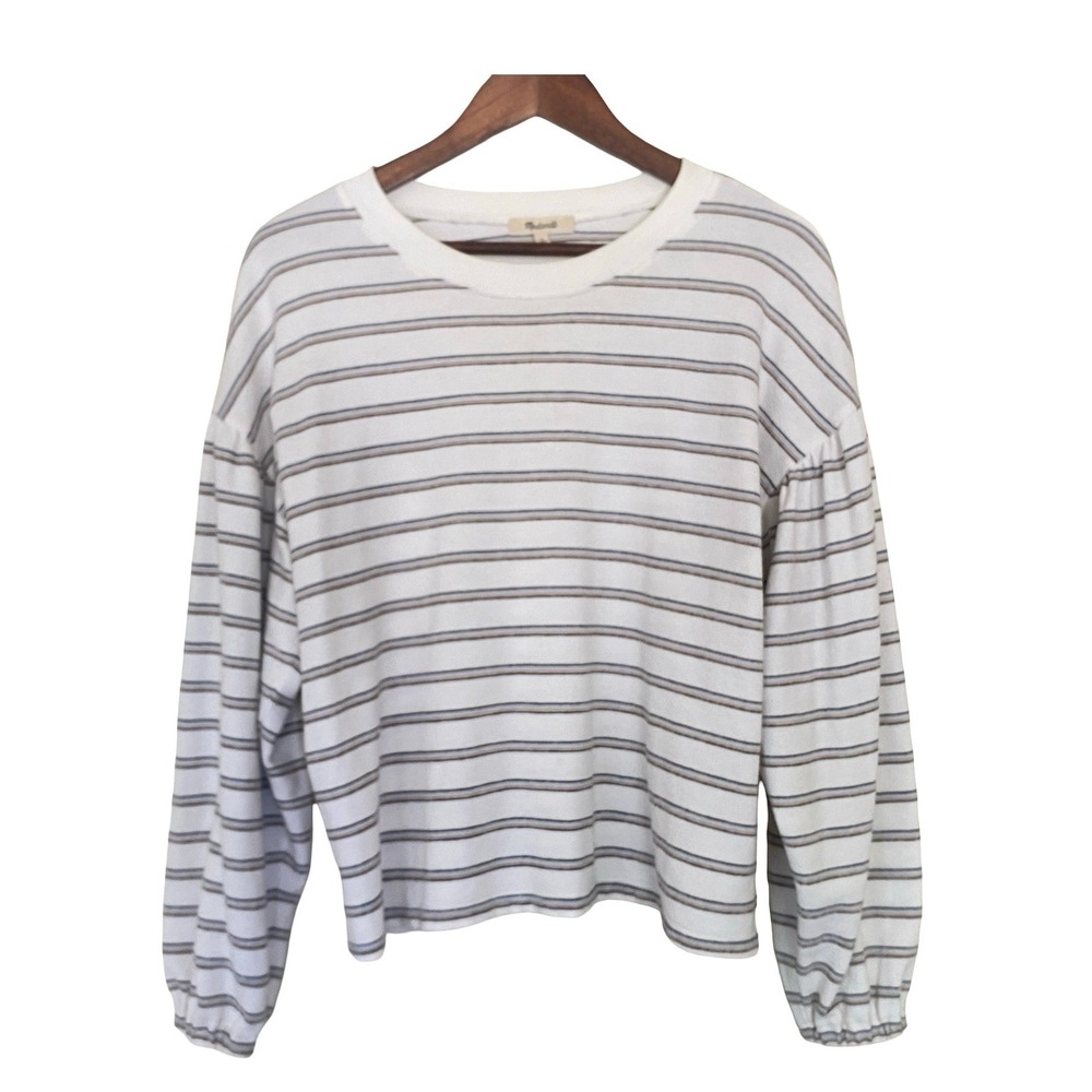 Madewell Striped Women Top Medium White Blue Brown Puff Sleeve Cotton